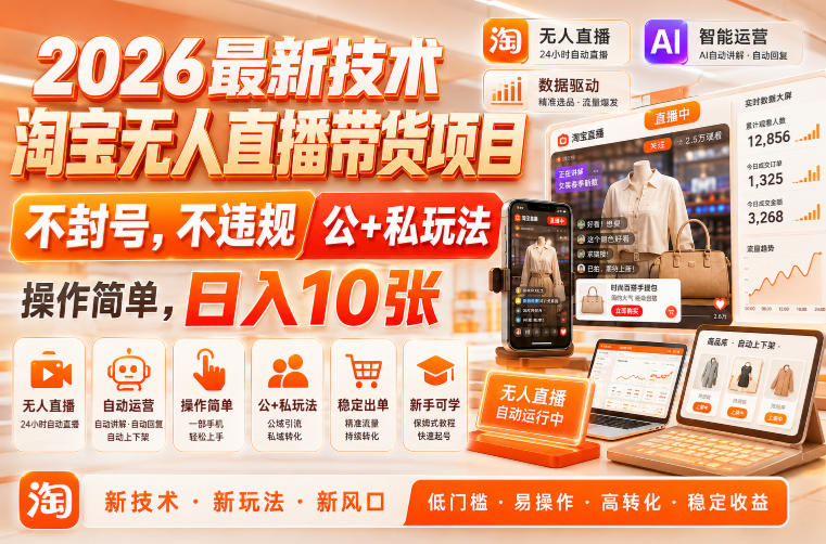 2026最新技术，淘宝无人直播带货项目，不封号，不违规，公+私玩法，操作简单，日入10张【揭秘】-九九网创