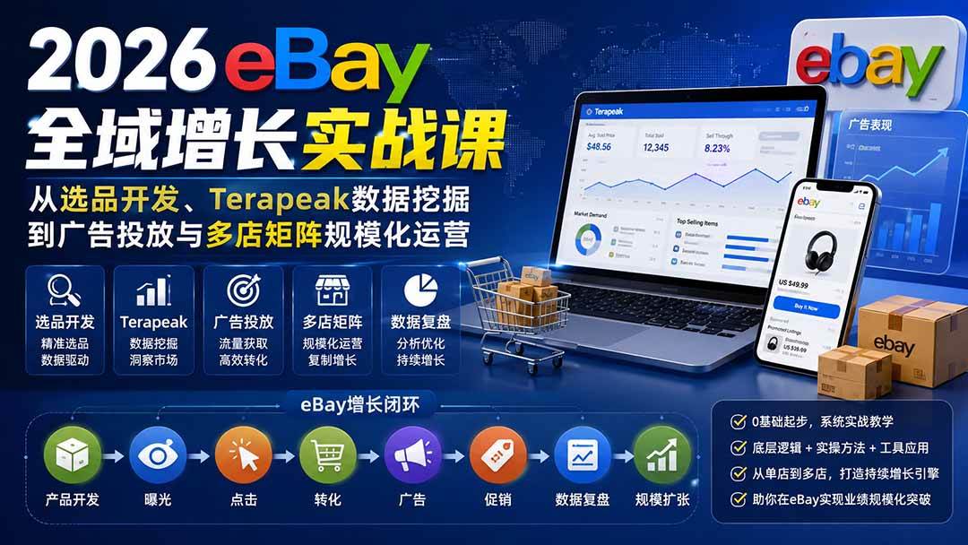 (20023期)2026-Vincent eBay全域增长实战课-无水印:从选品开发、Terapeak数据挖掘到广告投放与多店矩阵规模化运营-九九网创