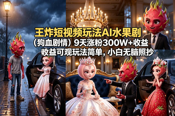 王炸短视频玩法AI水果剧(狗血剧情)9天涨粉300W+收益可观玩法简单，小白无脑照抄，详细拆解玩法-九九网创