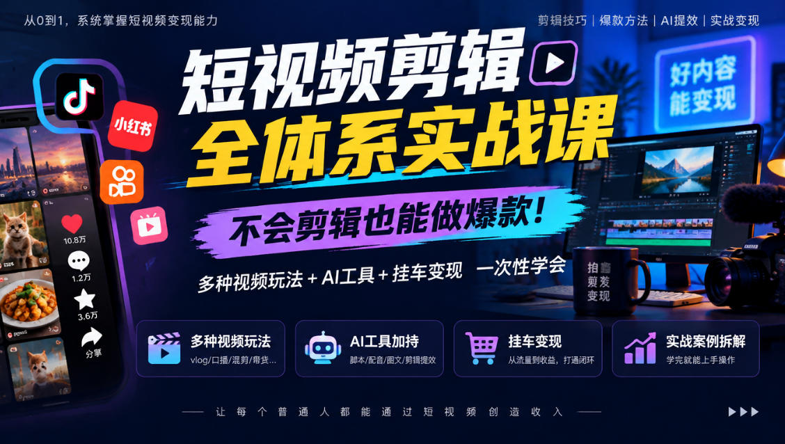 短视频剪辑全体系实战课，不会剪辑也能做爆款，多种视频玩法+AI工具+挂车变现一次性学-九九网创