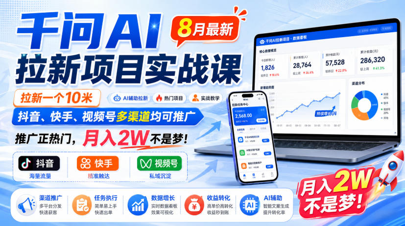 千问AI拉新项目实战课8月最新，拉新一个10米，抖音、快手、视频号多渠道均可推广，推广正热门，月入2W不是梦!（更新0818）-九九网创