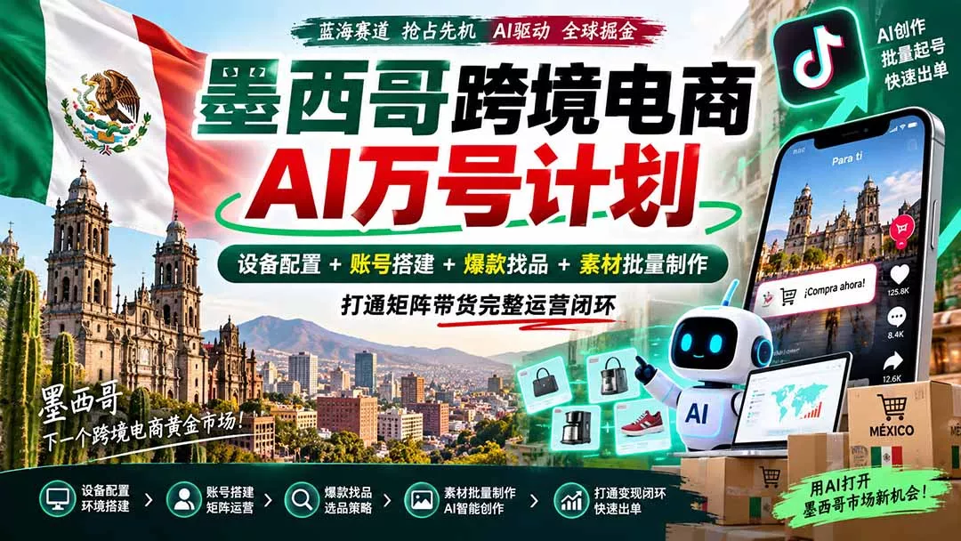 墨西哥AI跨境电商万号计划｜设备配置+账号搭建+爆款找品+素材批量制作，打通矩阵带货完整运营闭环-九九网创