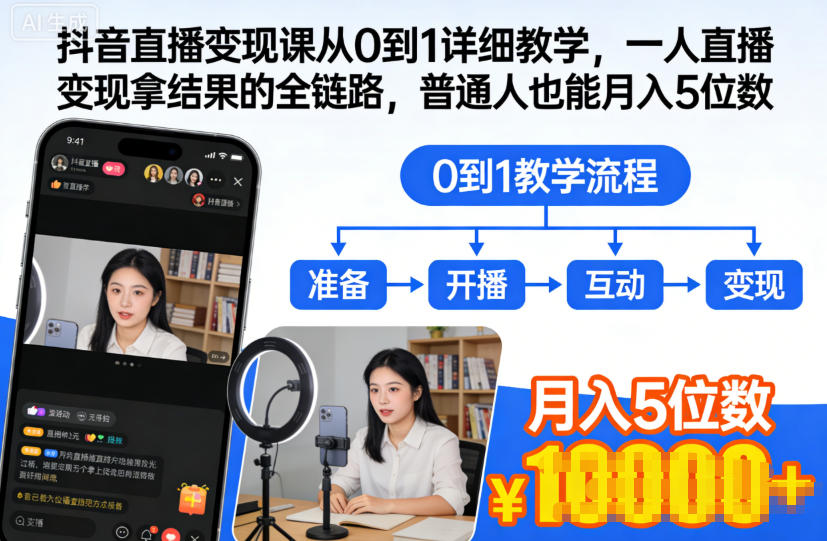 抖音直播变现课从0到1详细教学，一人直播变现拿结果的全链路，普通人也能月入5位数-九九网创