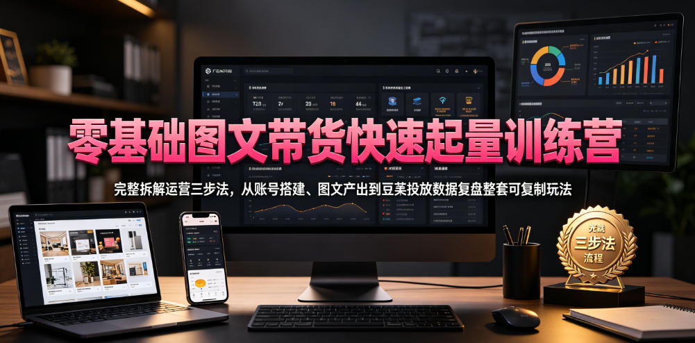 零基础图文带货快速起量训练营，完整拆解运营三步法，从账号搭建、图文产出到豆荚投放数据复盘整套可复制玩法-九九网创