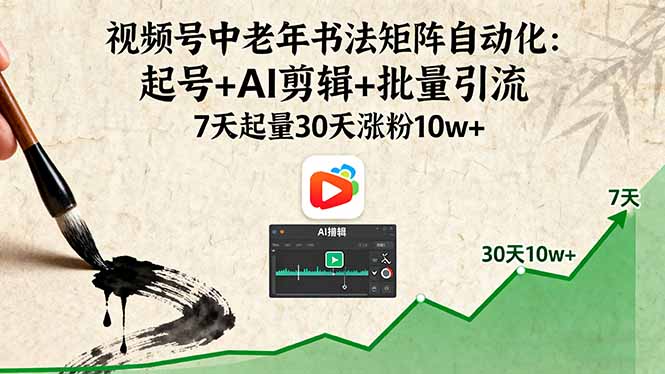 视频号中老年书法矩阵自动化：起号+AI剪辑+批量引流 7天起量30天涨粉10w+-九九网创