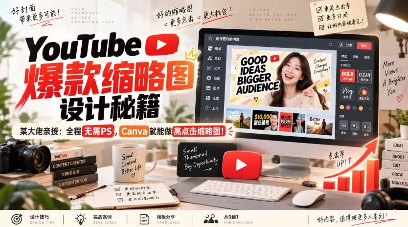 YouTube爆款缩略图设计秘籍，某油管大佬(610万订阅者)亲授，全程无需PS，Canva就能做高点击缩略图！【原创双语字幕】-九九网创