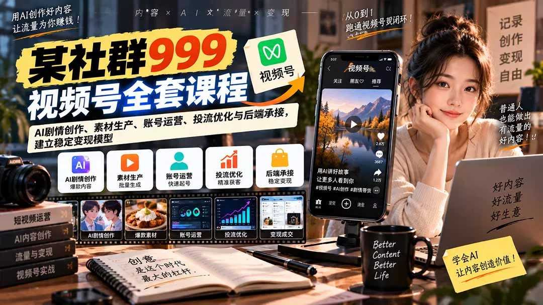 【无水印】某社群999视频号全套课程：AI剧情创作、素材生产、账号运营、投流优化与后端承接，建立稳定变现模型-九九网创
