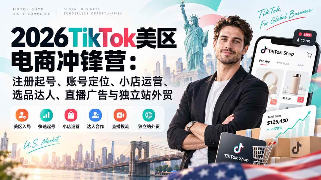 （20858期）2026TikTok美区电商冲锋营：注册起号、账号定位、小店运营、选品达人、直播广告与独立站外贸