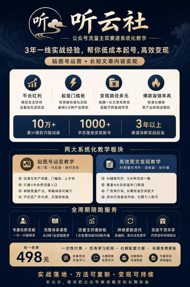 听云社公众号流量主双赛道系统化教学,3年一线实战经验,帮你低成本起号,高效变现,贴图号运营+长短文章内容变现-九九网创