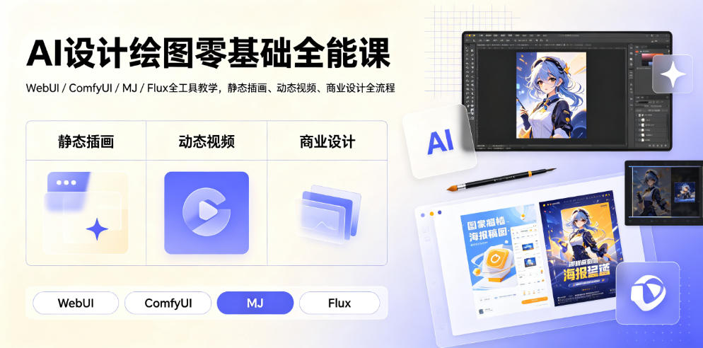 AI设计绘图零基础全能课｜WebUI/ComfyUI/MJ/Flux全工具教学，静态插画、动态视频、商业设计全流程-九九网创