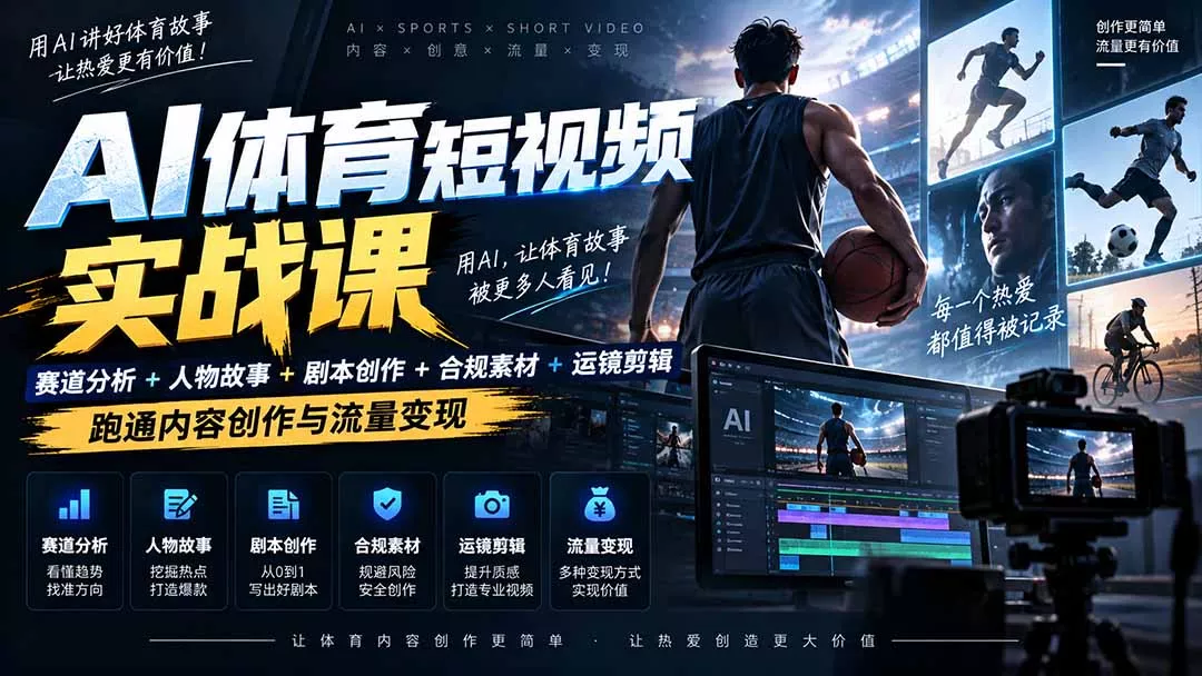 AI体育短视频赛道顶级玩法｜赛道分析+人物故事+剧本创作+版权处理+运镜剪辑，跑通流量变现-日赚1K+-九九网创