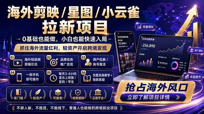 （18567期）海外剪映 / 星图 / 小云雀拉新项目 普通人也能上手的跨境流量变现副业-九九网创