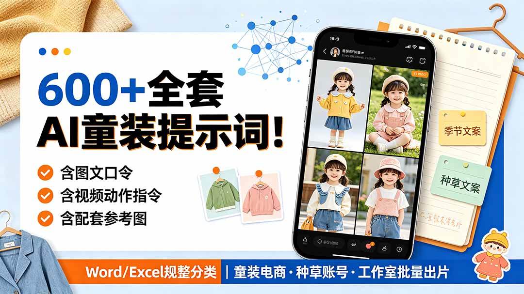 （19302期）600+全套AI童装提示词！含图文口令+视频动作指令+配套参考图，Word/Excel规整分类，童装电商、种草无脑量产内容-九九网创