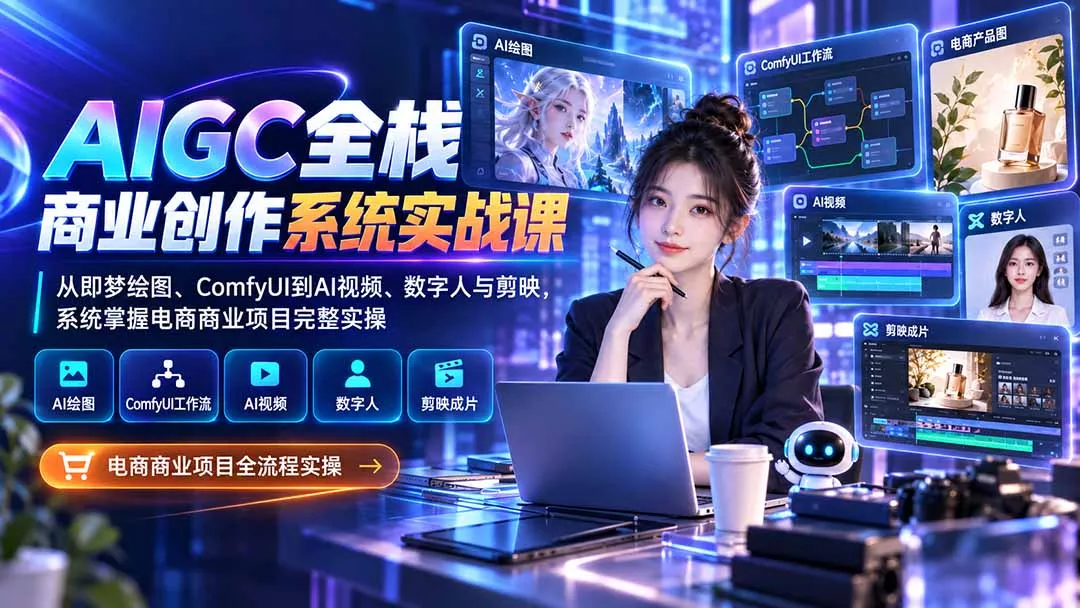 AIGC全栈商业创作系统实战课：从即梦绘图、ComfyUI到AI视频、数字人与剪映，系统掌握电商商业项目完整实操-九九网创