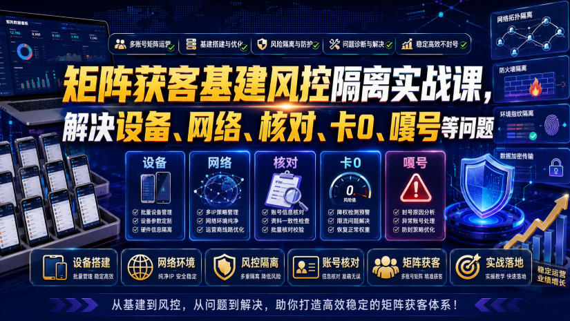 矩阵获客基建风控隔离实战课，解决设备、网络、核对、卡0、嘎号等问题-九九网创