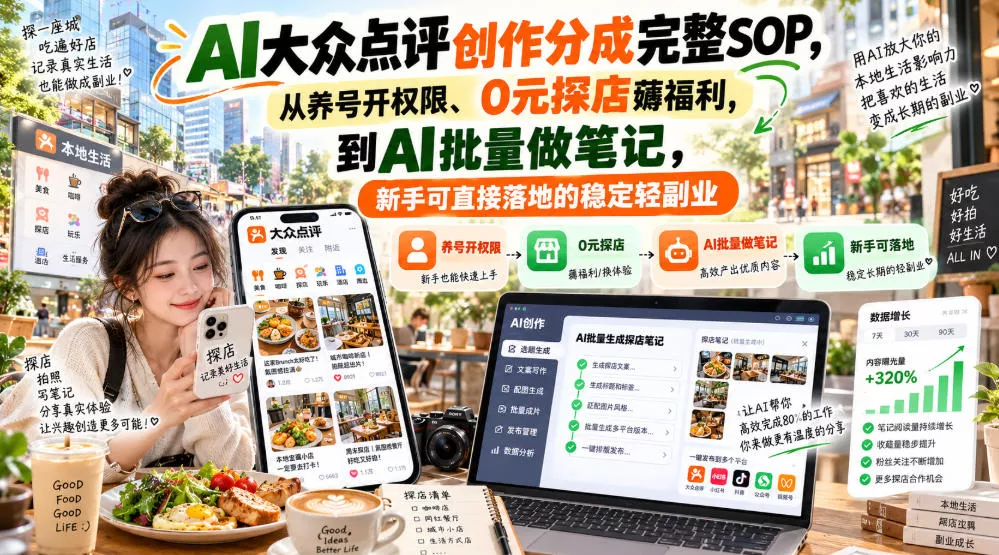 【无水印】AI大众点评创作分成完整SOP，从养号开权限、0元探店薅福利，到AI批量做笔记，新手可直接落地的稳定轻副业-九九网创