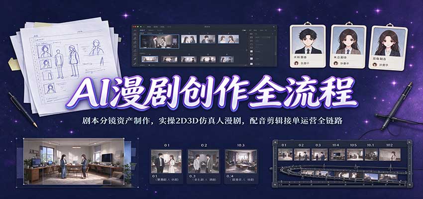 AI漫剧创作全流程：剧本分镜资产制作，实操2D3D仿真人漫剧，配音剪辑接单运营全链路-九九网创