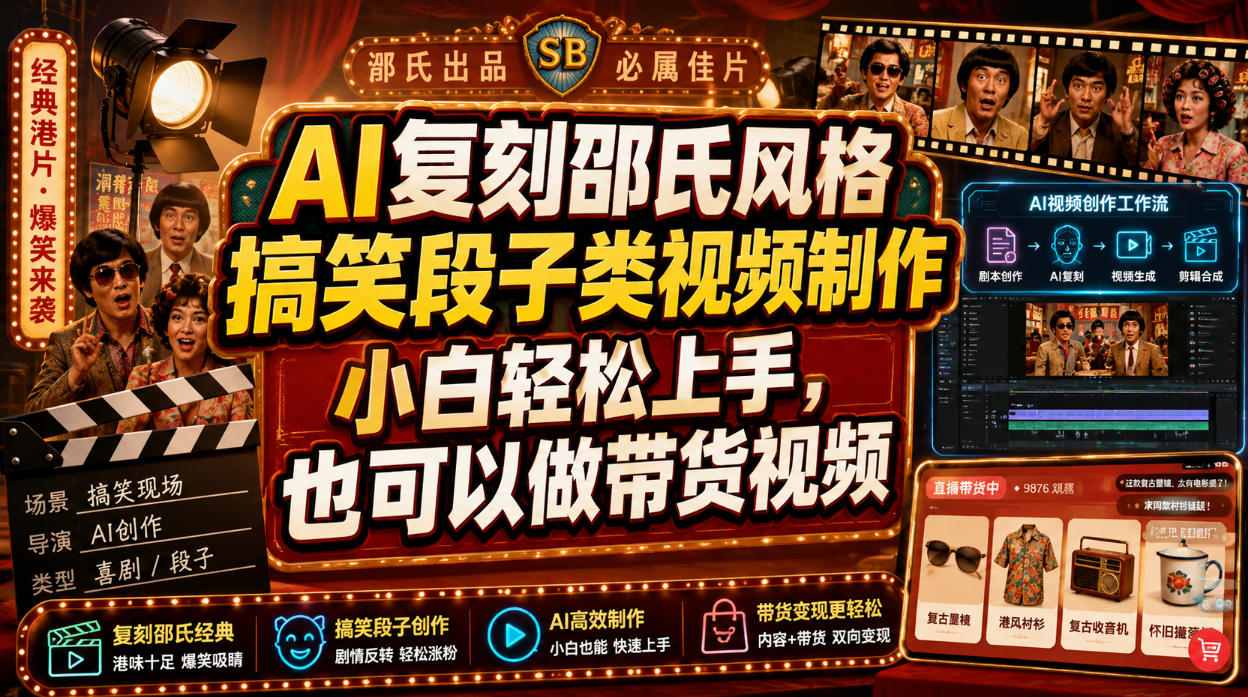AI复刻邵氏风格搞笑段子类视频制作，小白轻松上手，也可以做带货视频-九九网创