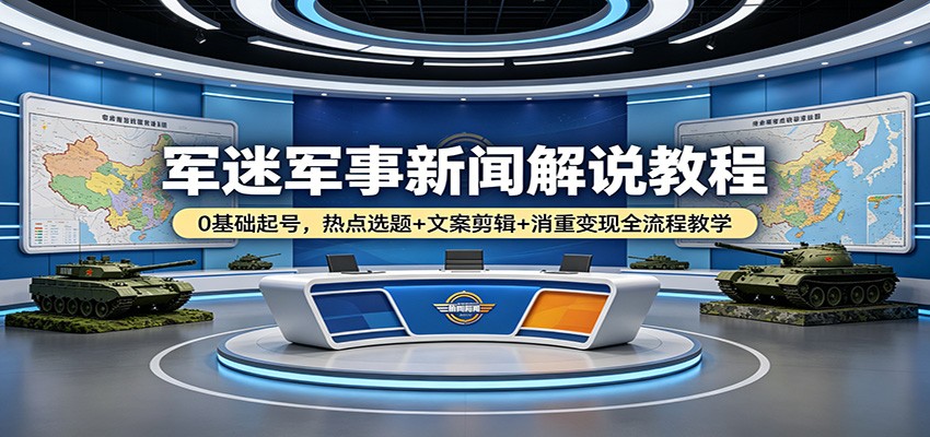 军迷军事新闻解说教程：0基础起号，热点选题+文案剪辑+消重变现全流程教学-九九网创