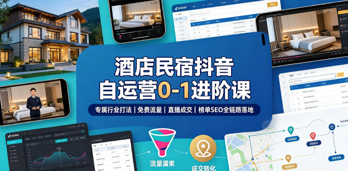 酒店民宿抖音自运营0-1进阶课｜专属行业打法、免费流量+直播成交+榜单SEO全链路落地-九九网创