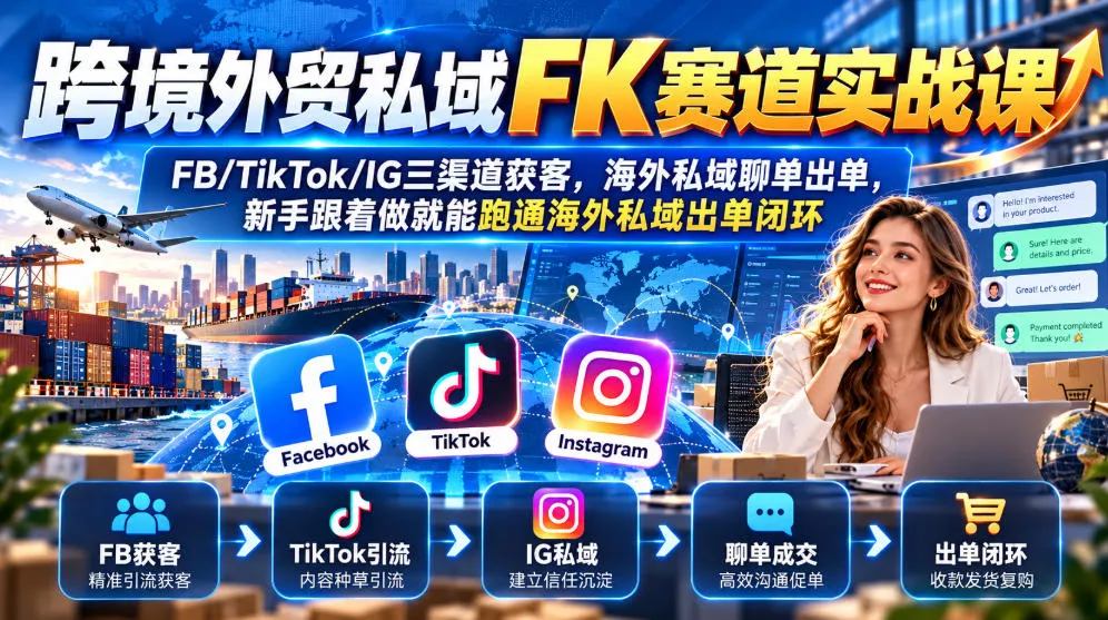 跨境外贸私域FK赛道实战课｜FB/TikTok/IG三渠道获客，海外私域聊单出单，新手跟着做就能跑通海外私域出单闭环-九九网创