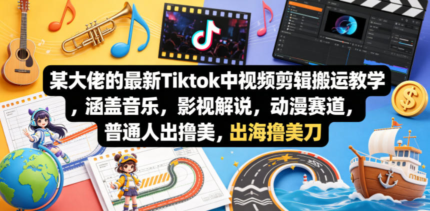某大佬的最新Tiktok中视频剪辑搬运教学，涵盖音乐，影视解说，动漫赛道，普通人出海撸美刀-九九网创