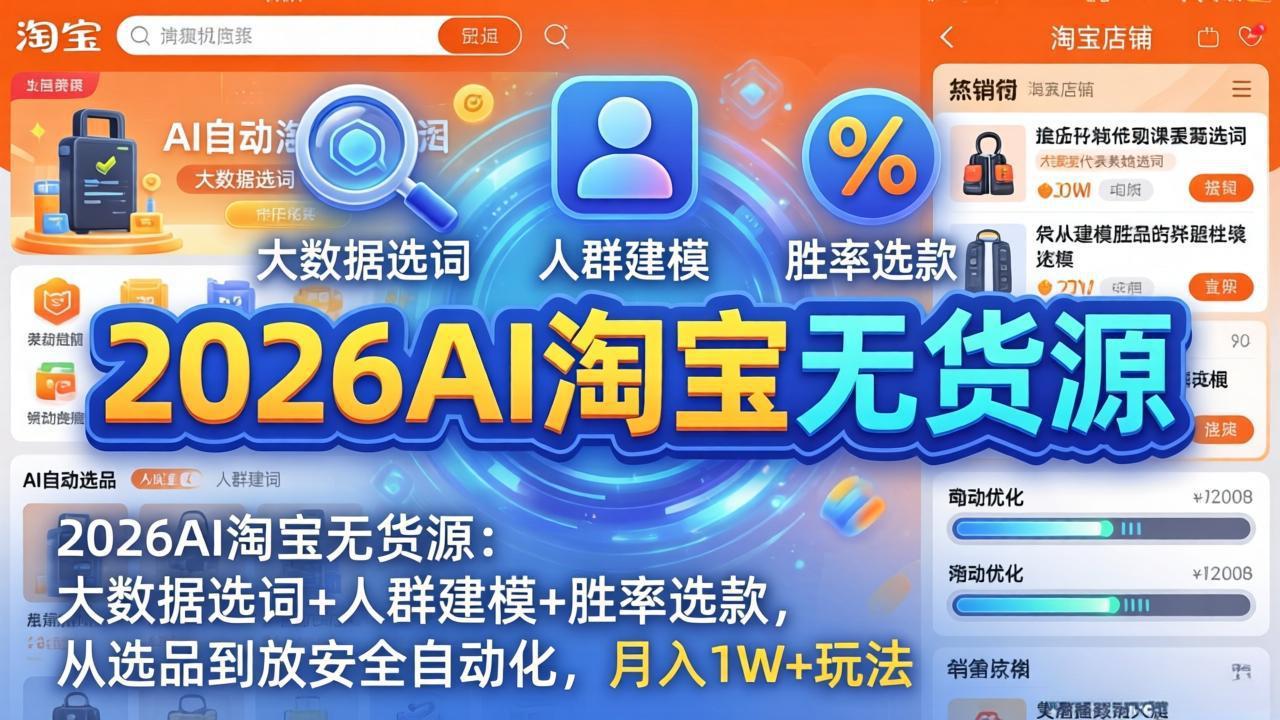 2026AI淘宝无货源:大数据选词+人群建模+胜率选款,从选品到放大全自动化,月入1W+玩法-九九网创