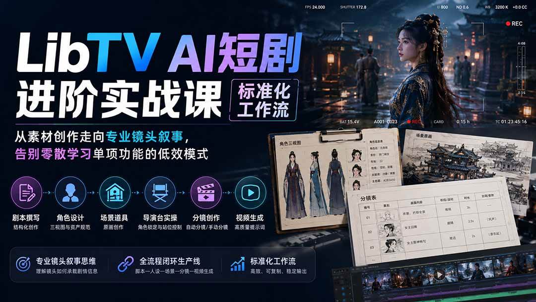 （19836期）LibTV AI短剧进阶实操课标准化工作流；从素材创作走向专业镜头叙事，告别零散学习单项功能的低效模式-九九网创
