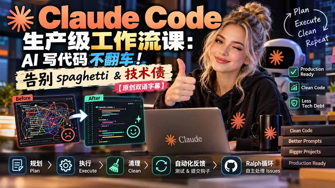 Claude Code 生产级工作流课:AI 写代码不翻车!告别 spaghetti & 技术债【原创双语字幕】-九九网创