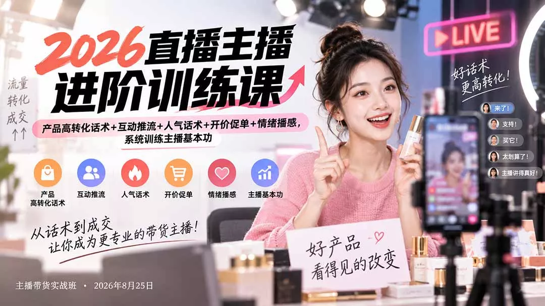 2026直播主播进阶训练课：产品高转化话术+互动推流+人气话术+开价促单+情绪播感，系统训练主播基本功-九九网创