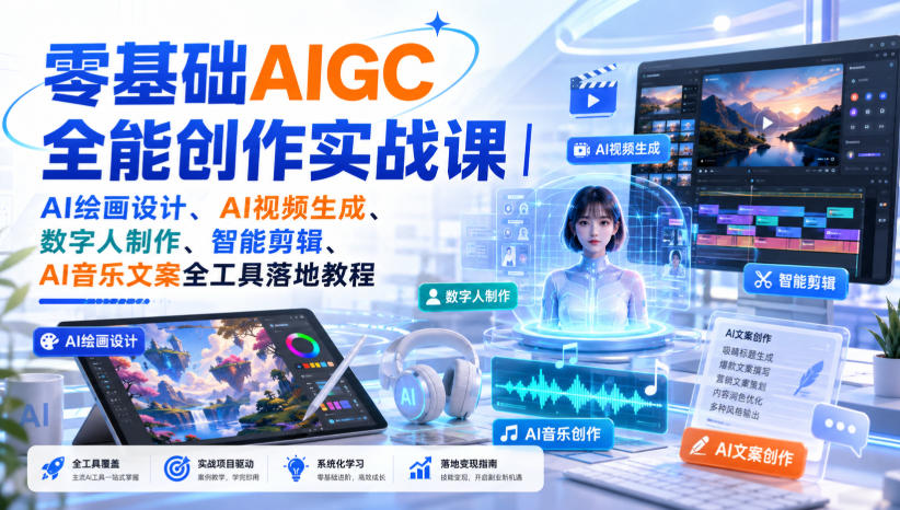 零基础AIGC全能创作实战课｜AI绘画设计、AI视频生成、数字人制作、智能剪辑、AI音乐文案全工具落地教程-九九网创