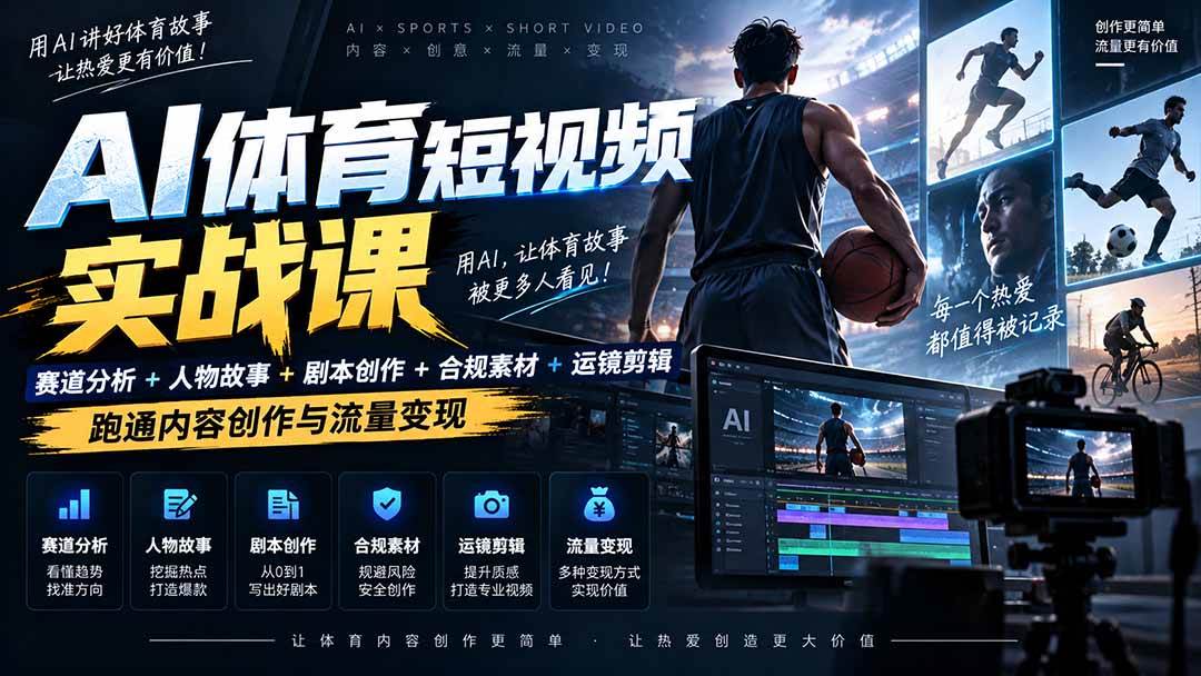 （20515期）AI体育短视频赛道顶级玩法｜赛道分析+人物故事+剧本创作+版权处理+运镜剪辑，跑通流量变现-日赚1K+-九九网创
