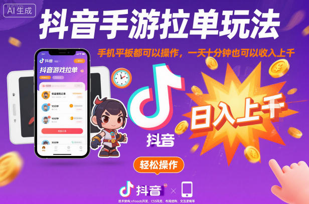 抖音手游拉单玩法，手机平板都可以操作，一天十分钟也可以收入上K【揭秘】-九九网创