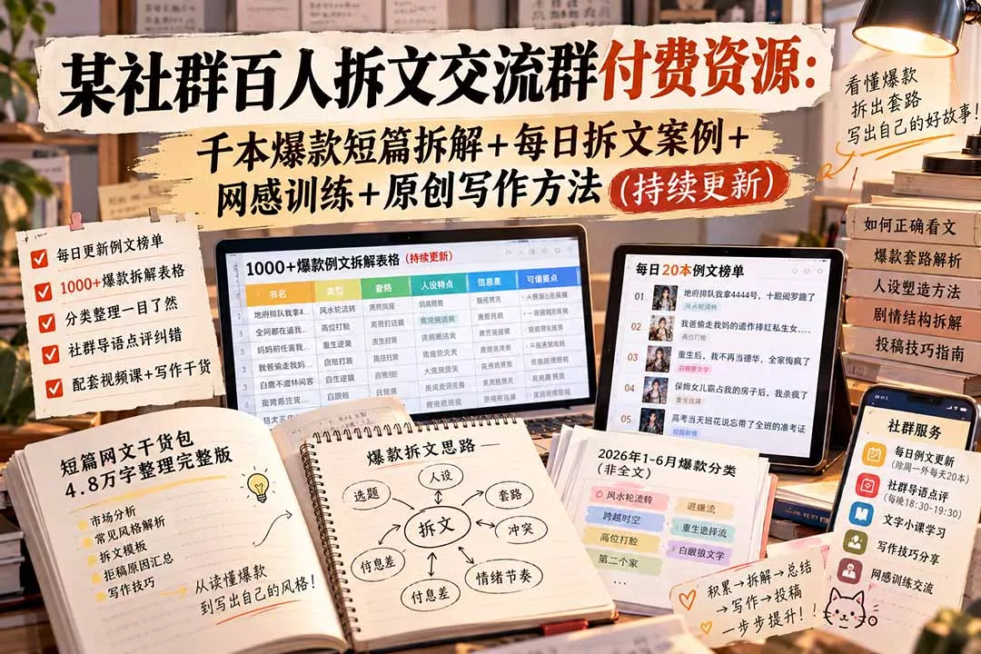 某社群百人拆文交流群付费资源-更新0929:千本爆款短篇拆解+每日拆文案例+网感训练+原创写作方法-九九网创