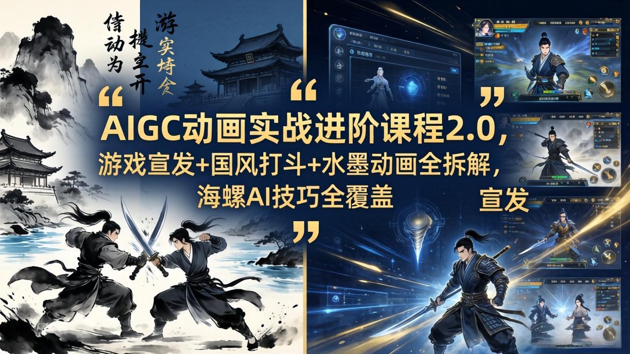 AIGC动画实战进阶课程2.0，游戏宣发+国风打斗+水墨动画全拆解，海螺AI技巧全覆盖-九九网创