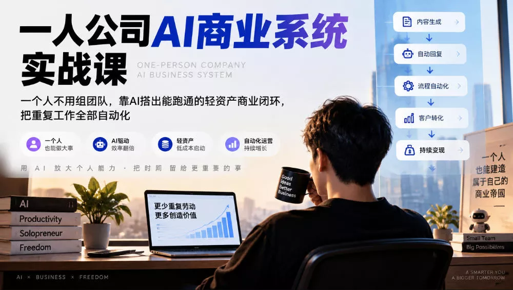 一人公司AI商业系统实战课，一个人不用组团队，靠AI搭出能跑通的轻资产商业闭环，把重复工作全部自动化-九九网创