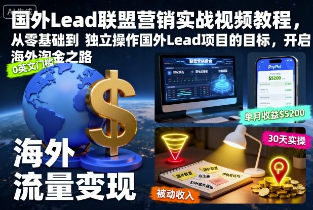 国外Lead联盟营销实战视频教程，从零基础到独立操作国外Lead项目的目标，开启海外淘金之路-九九网创