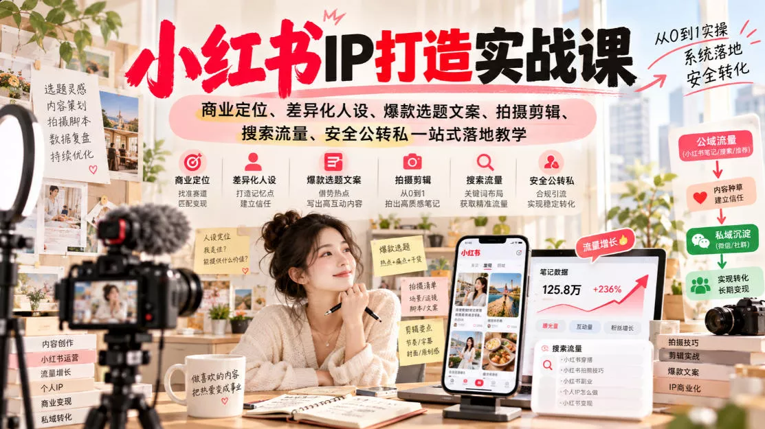 小红书ip打造实战课,商业定位、差异化人设、爆款选题文案、拍摄剪辑、搜索流量、安全公转私一站式落地教学-九九网创