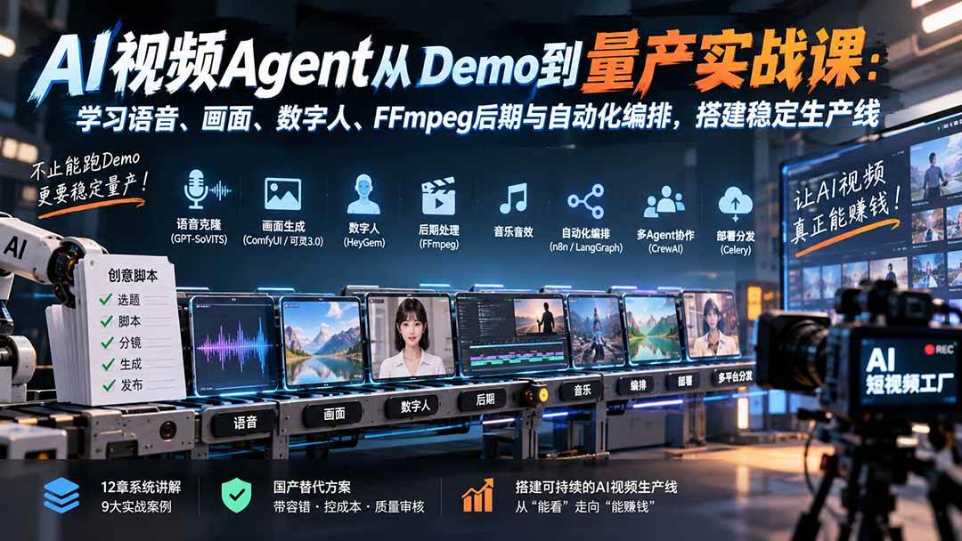 （20451期）AI视频Agent从Demo到量产实战课：学习语音、画面、数字人、FFmpeg后期与自动化编排，搭建稳定生产线-九九网创