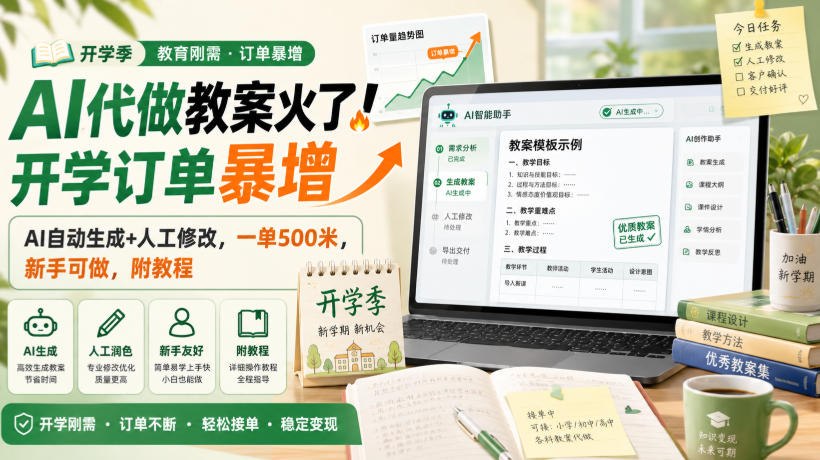 AI代做教案火了！开学订单暴增，AI自动生成+人工修改，一单500米，新手可做，附教程【揭秘】-九九网创