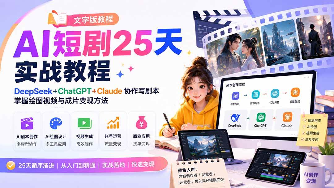 （20225期）AI短剧25天实战教程（文字版教程）：DeepSeek+ChatGPT+Claude协作写剧本，掌握绘图视频与成片变现方法-九九网创
