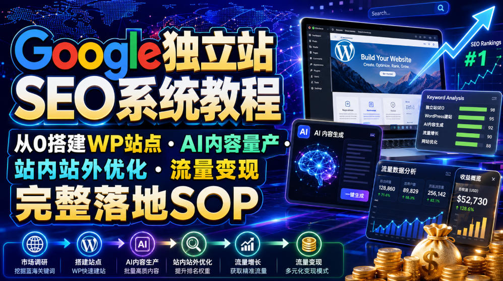 Google独立站SEO系统教程,从0搭建WP站点・AI内容量产・站内站外优化・流量变现完整落地SOP(2026年7月) Google独立站SEO系统教程,从0搭建WP站点・AI内容量产・站内站外优化・流量变现完整落地SOP(2026年7月)