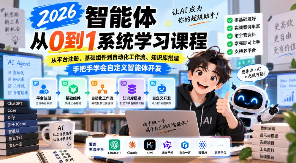 2026智能体从0到1系统学习课程,从平台注册、基础组件到自动化工作流、知识库搭建,手把手学会自定义智能体开发 2026智能体从0到1系统学习课程,从平台注册、基础组件到自动化工作流、知识库搭建,手把手学会自定义智能体开发