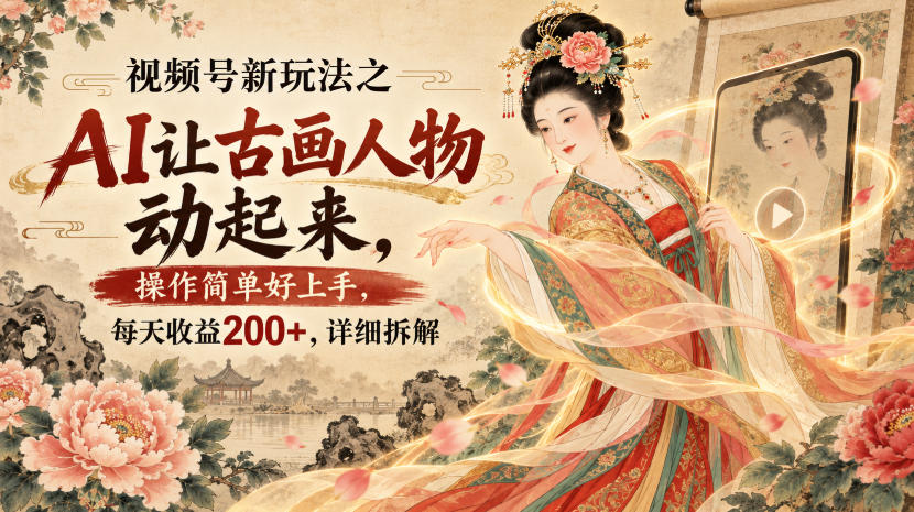 视频号新玩法之AI让古画人物动起来，操作简单好上手，每天收益200+，详细拆解-九九网创