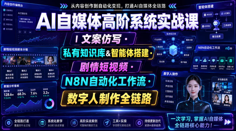 AI自媒体高阶系统实战课｜文案仿写・私有知识库&智能体搭建・剧情短视频・N8N自动化工作流・数字人制作全链路-九九网创