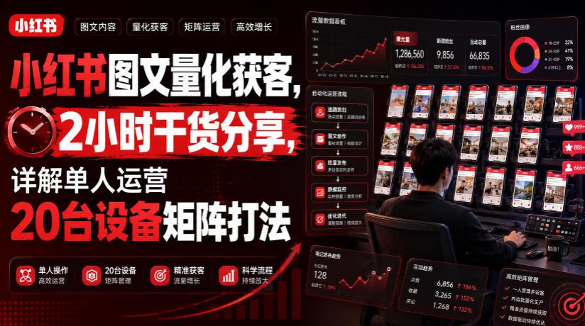 小红书图文量化获客，2小时干货分享，详解单人运营20台设备矩阵打法-九九网创