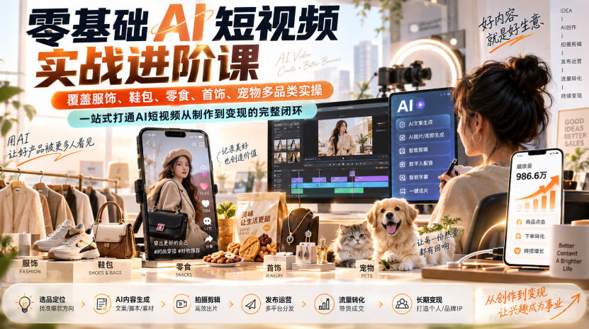 零基础AI短视频实战进阶课，覆盖服饰、鞋包、零食、首饰、宠物多品类实操，一站式打通AI短视频从制作到变现的完整闭环-九九网创
