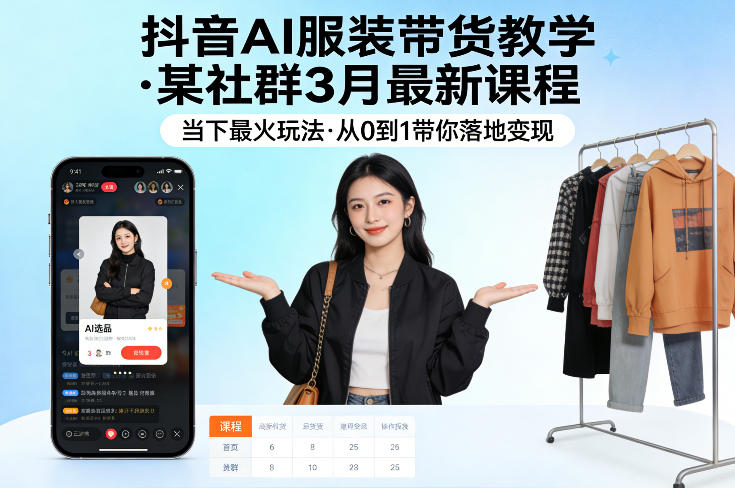 抖音AI服装带货教学，某社群3月最新课程，当下最火玩法，从0到1带你落地变现-九九网创