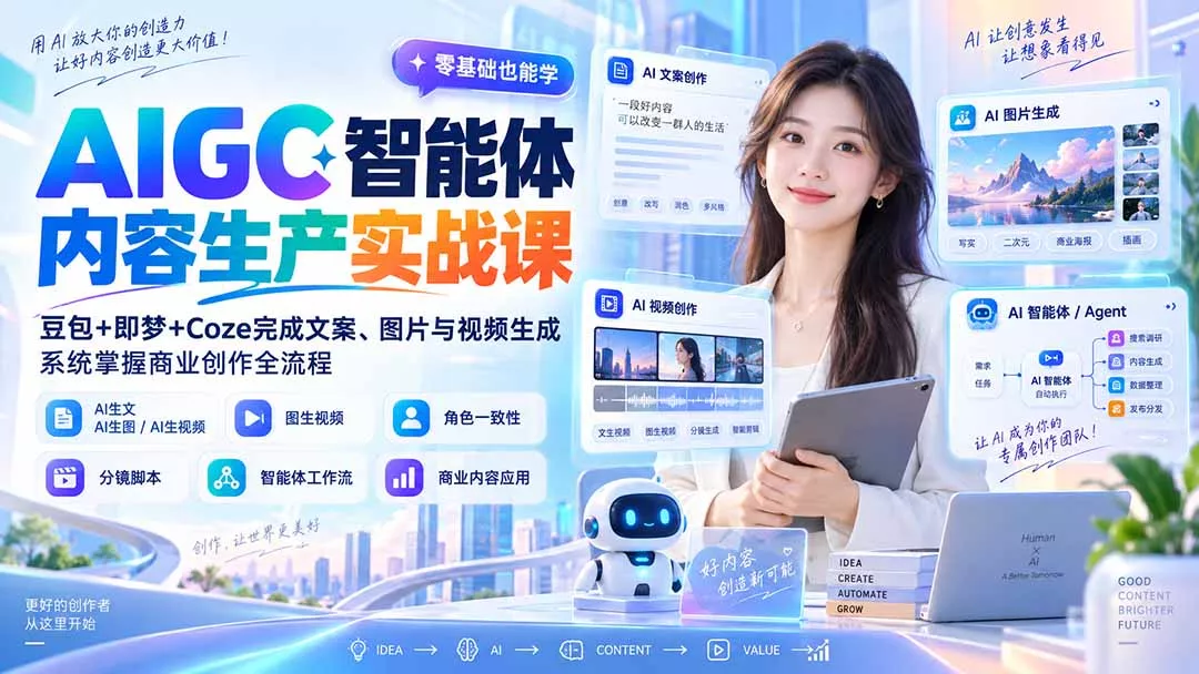 AIGC智能体内容生产实战课：豆包+即梦+Coze完成文案、图片与视频生成，系统掌握商业创作全流程-九九网创