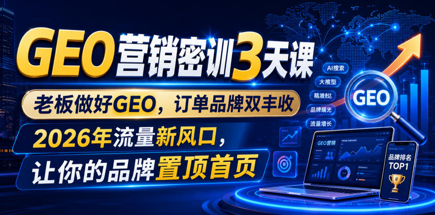 GEO营销密训3天课，老板做好GEO，订单品牌双丰收，2026年流量新风口，让你的品牌置顶首页-九九网创